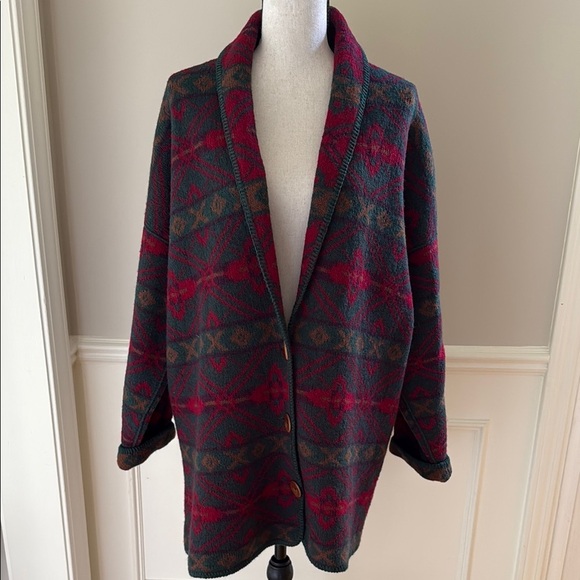 Vintage Alps Wool Aztec Long Blanket Jacket Drop Shoulder Cardigan Women's M - Picture 3 of 9
